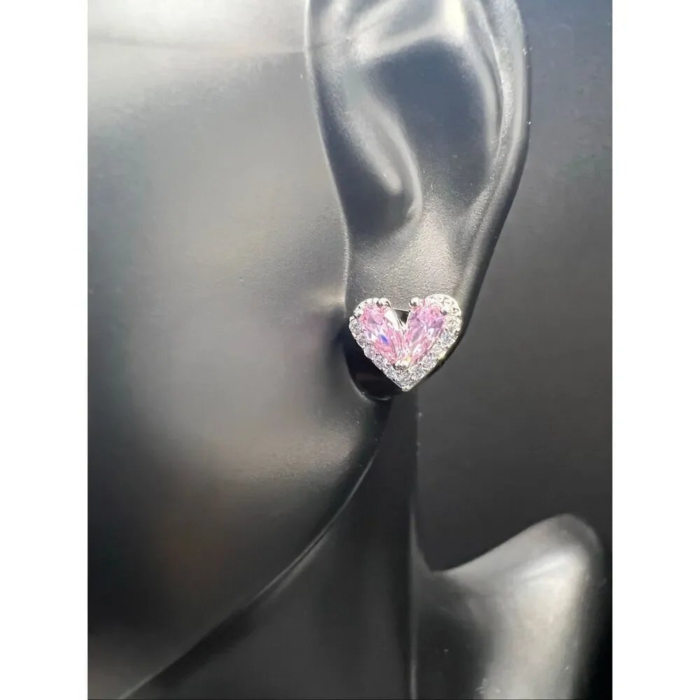 Helirose Pink Silver Tone Heart Shaped Stud Earring Gift Box
